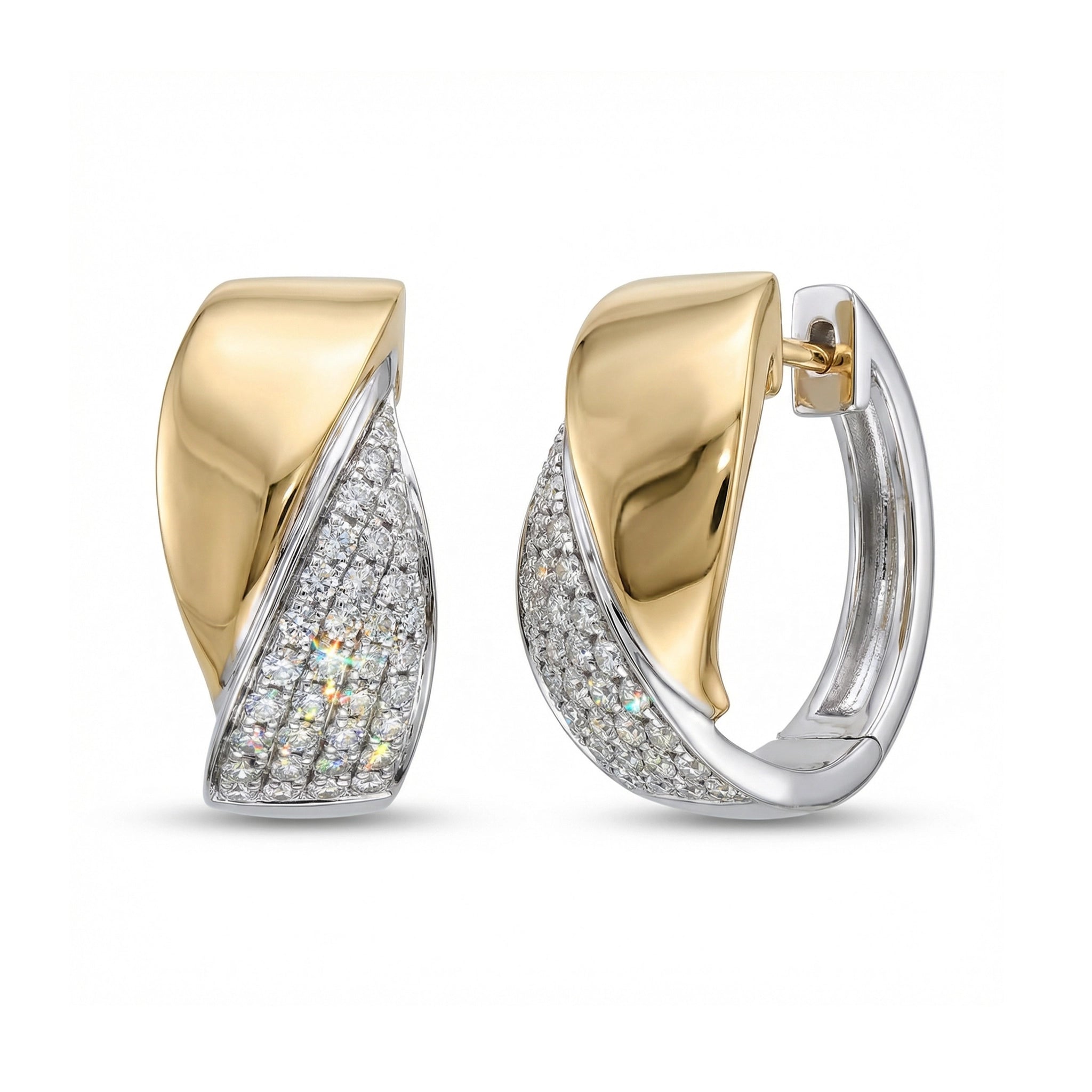BeBling 14K Two-Tone Gold Diamond Bypass Huggie Hoop Earrings - Side View