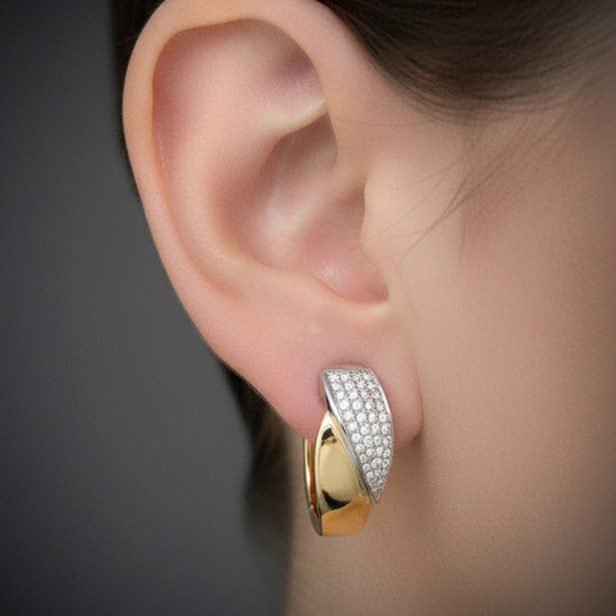 BeBling 14K Two-Tone Gold Diamond Bypass Hoop Earrings - On Ear