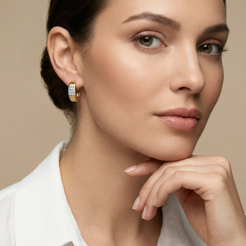 14K Yellow and White Gold Diamond Hoop Earrings