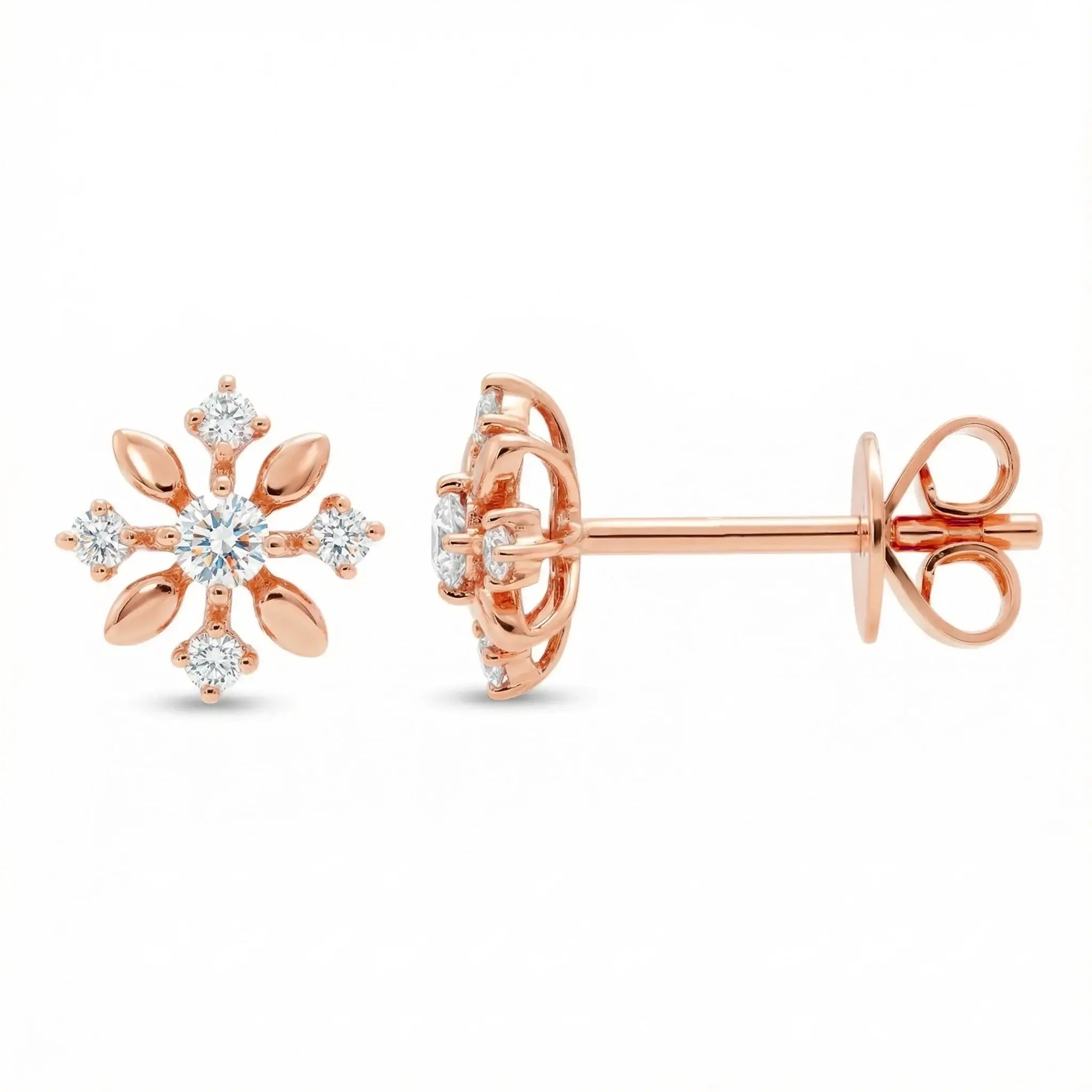 14K Yellow Gold Diamond Floral Stud Earrings - ROSE GOLD