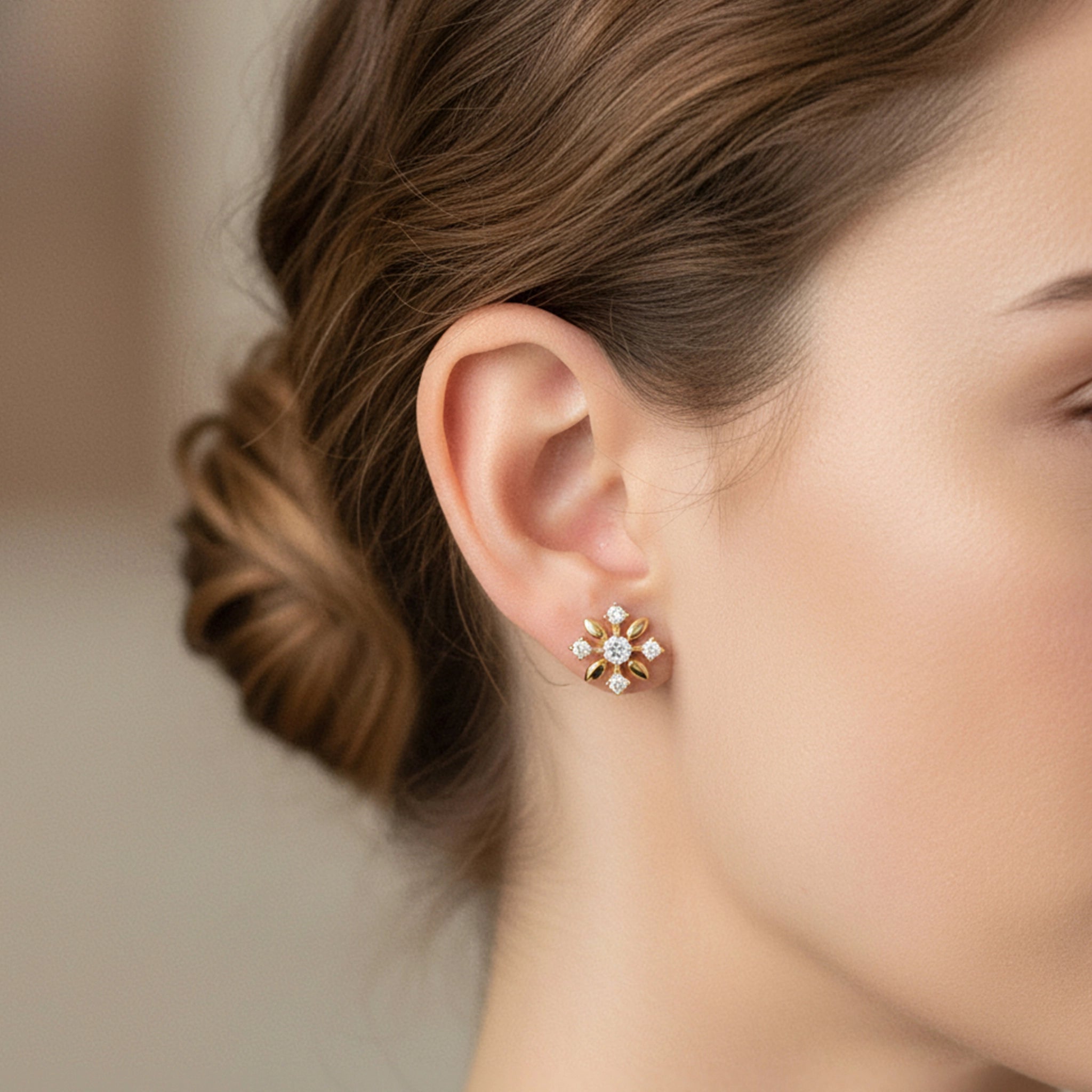 14K Yellow Gold Diamond Floral Stud Earrings - ON EAR