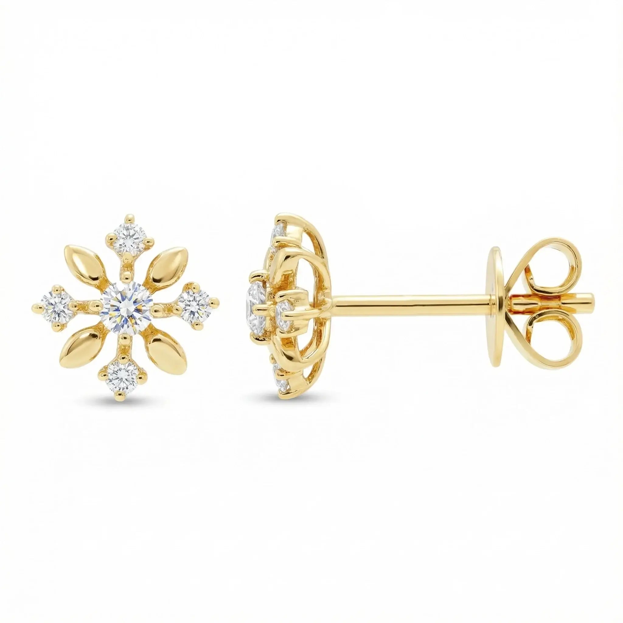 14K Yellow Gold Diamond Floral Stud Earrings