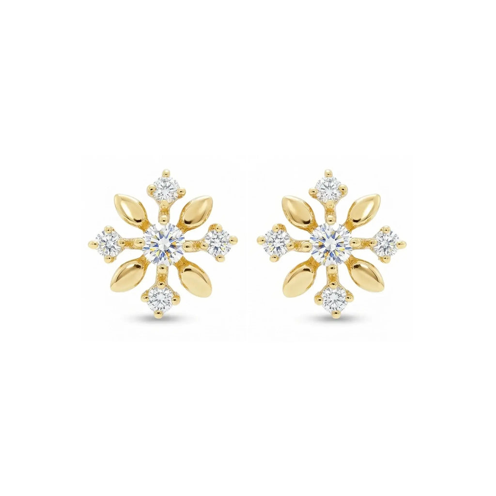 14K Yellow Gold Diamond Floral Stud Earrings