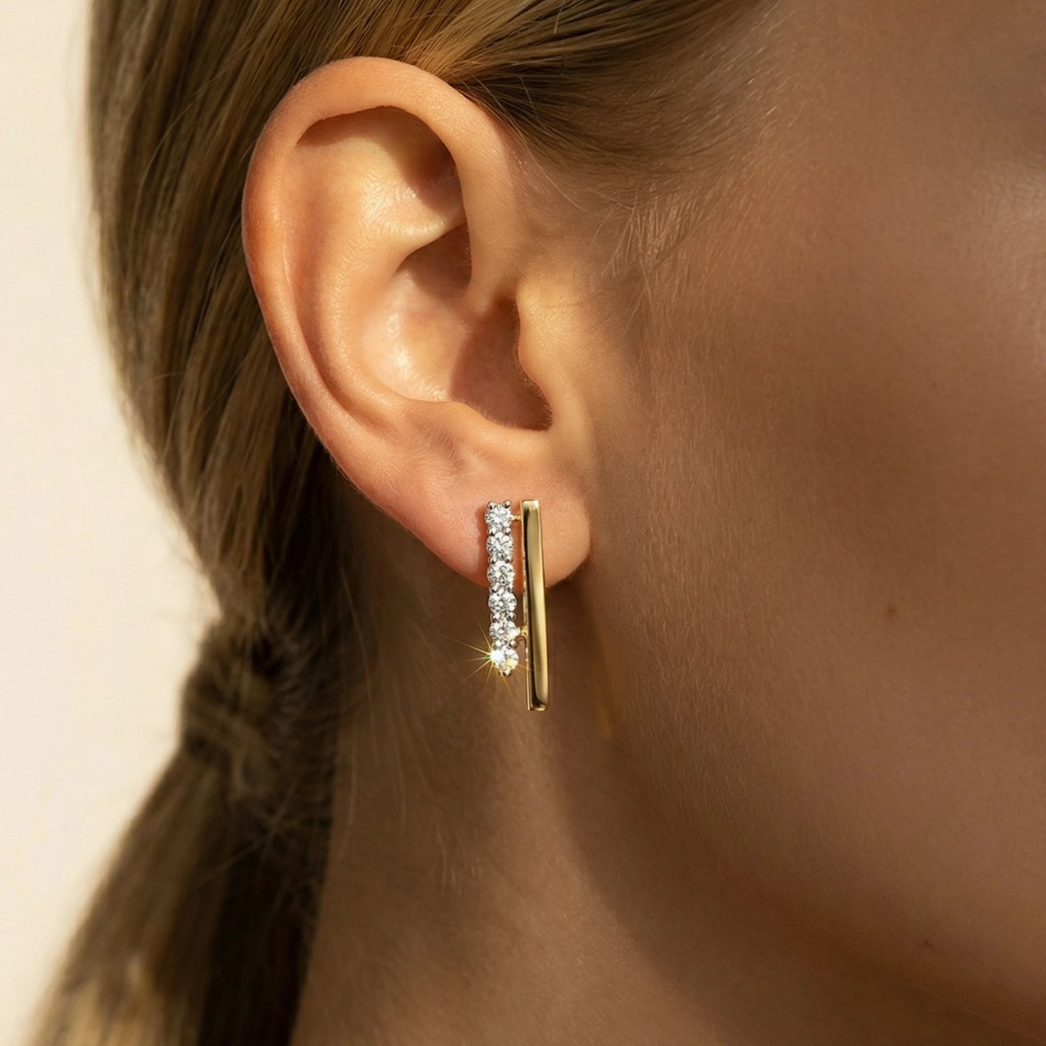 14K Yellow and White Gold Diamond Double Row Earrings - On Ear