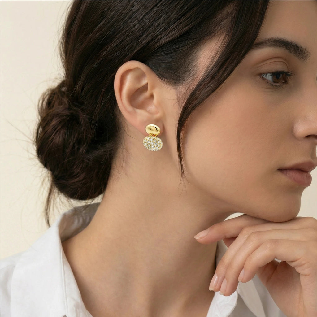 14K Yellow Gold Double Bead Diamond Stud Earrings