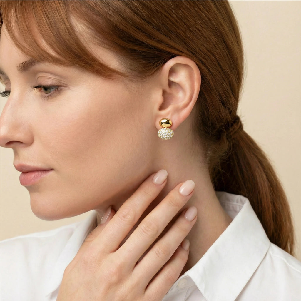 14K Yellow Gold Double Bead Diamond Stud Earrings