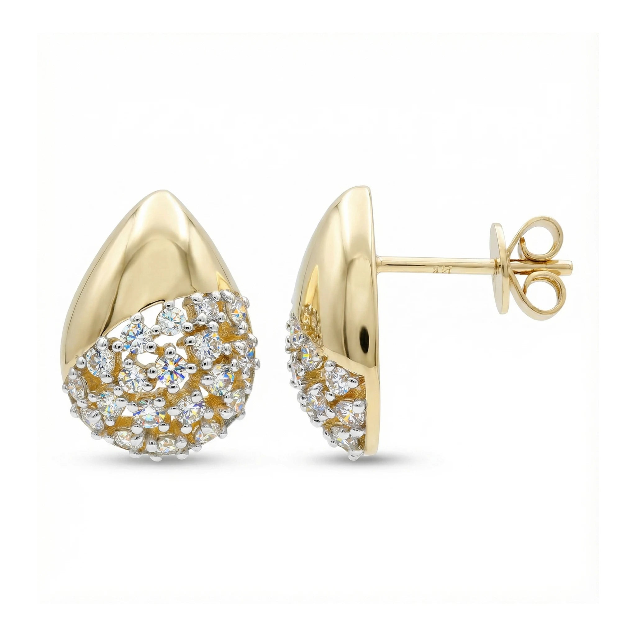 14K Yellow and White Gold Tear Drop Diamond Stud Earrings