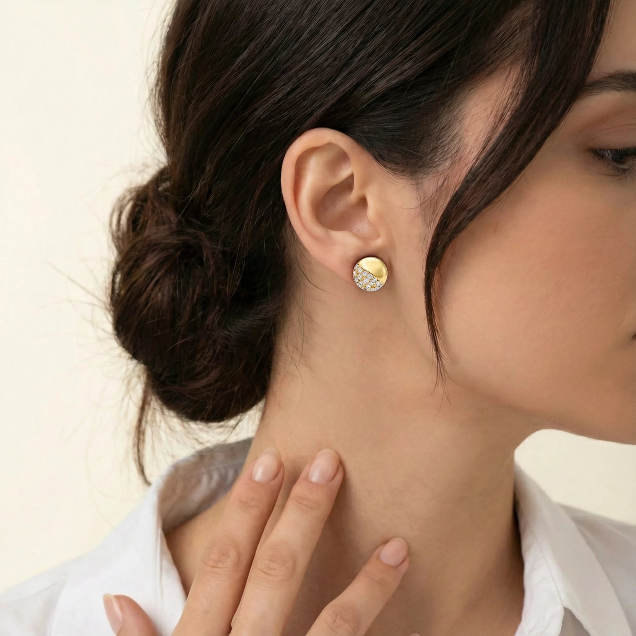 14K Yellow and White Gold Bead Diamond Stud Earrings