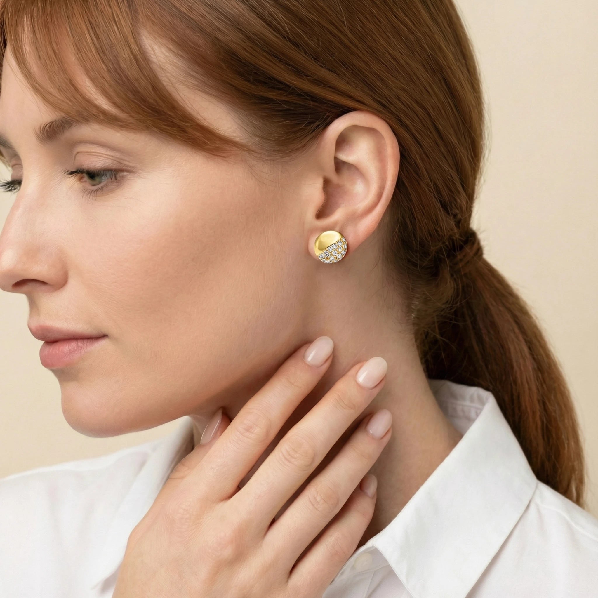 14K Yellow and White Gold Bead Diamond Stud Earrings