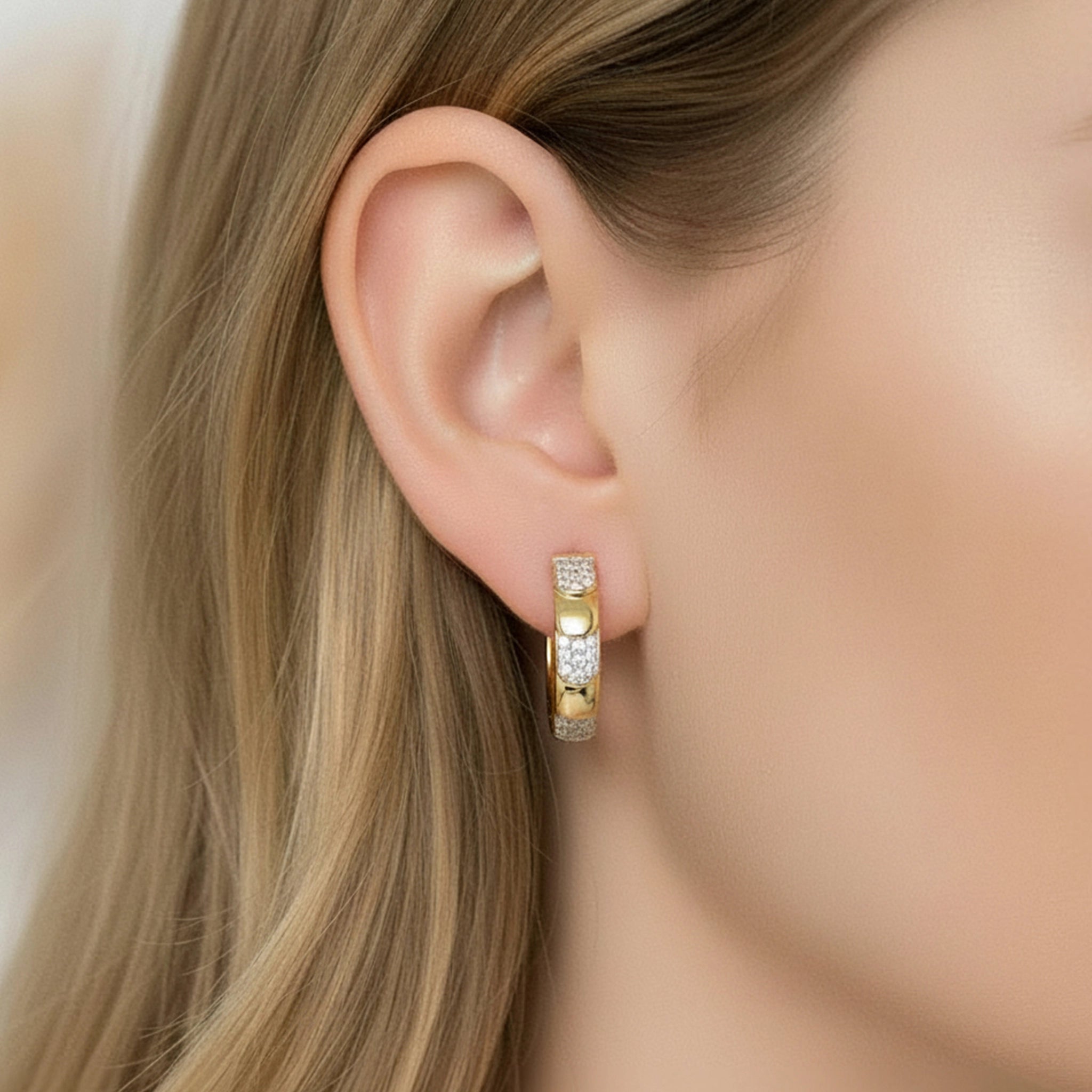 14K Yellow Gold Diamond C Hoop Earrings - On Ear