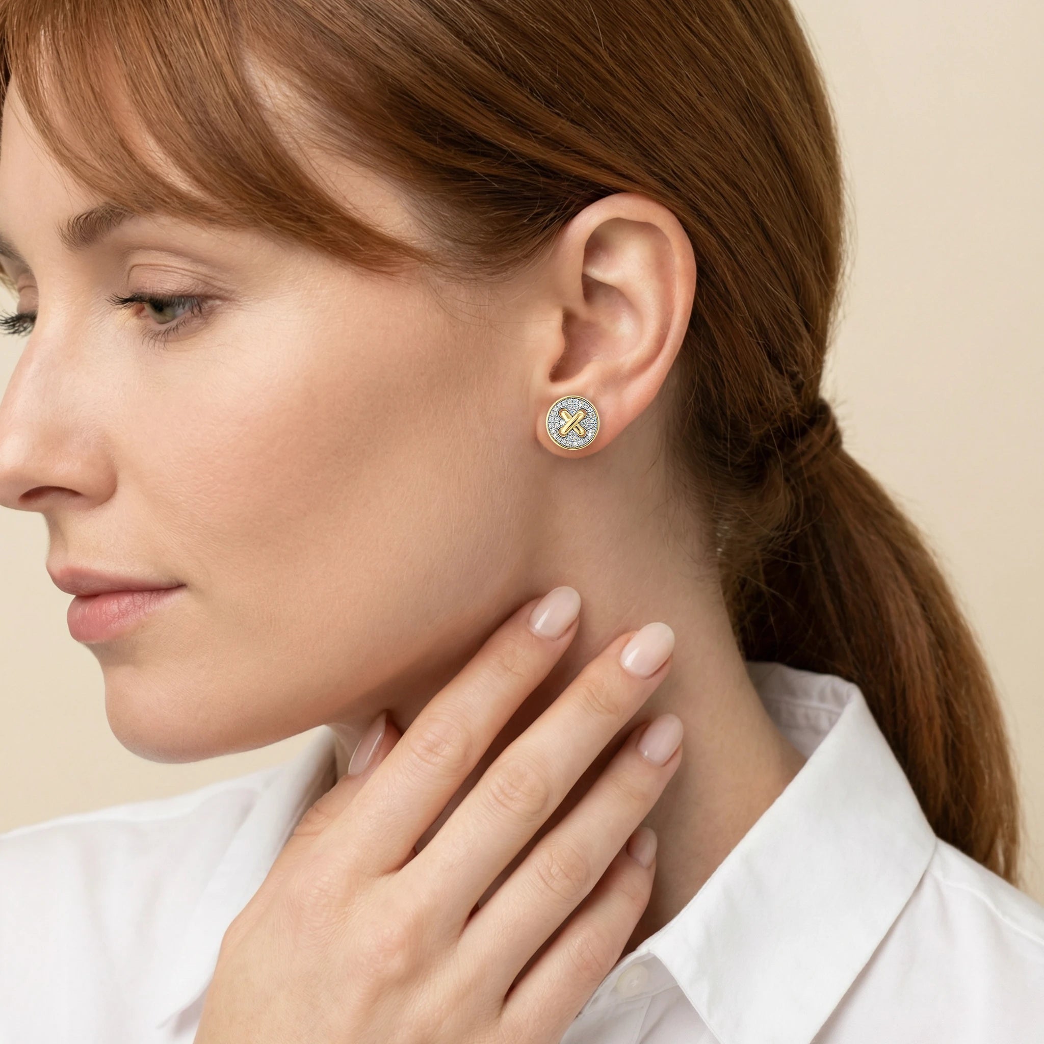 14K Yellow and White Gold Diamond Criss Cross Stud Earrings