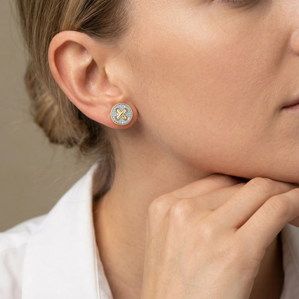 14K Yellow and White Gold Diamond Criss Cross Stud Earrings