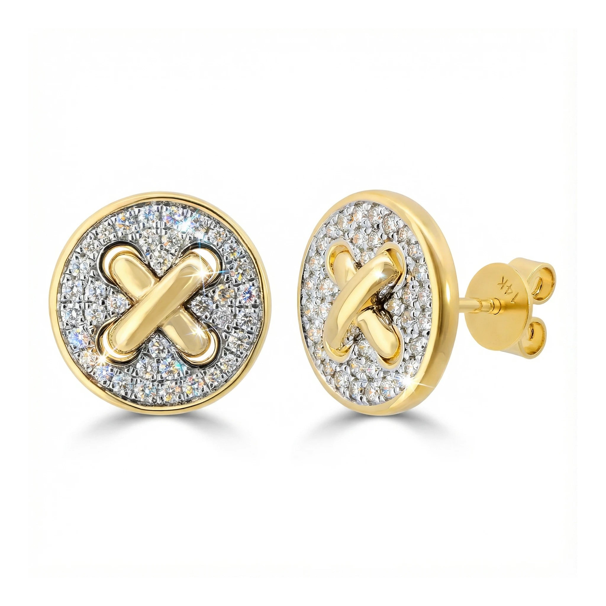 14K Yellow and White Gold Diamond Criss Cross Stud Earrings