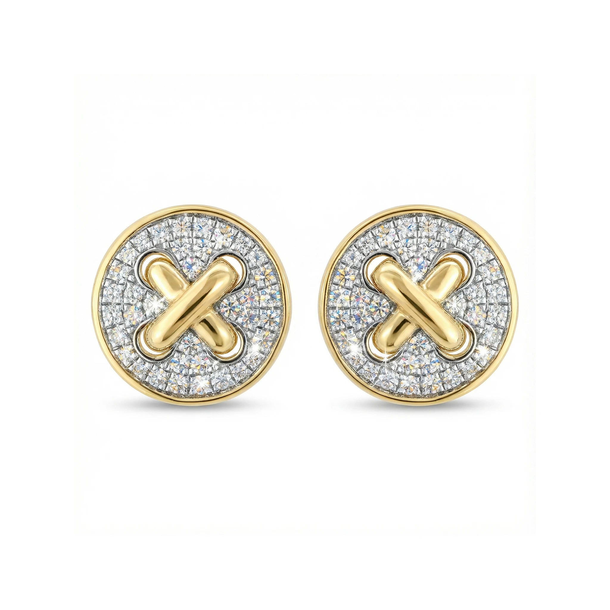14K Yellow and White Gold Diamond Criss Cross Stud Earrings