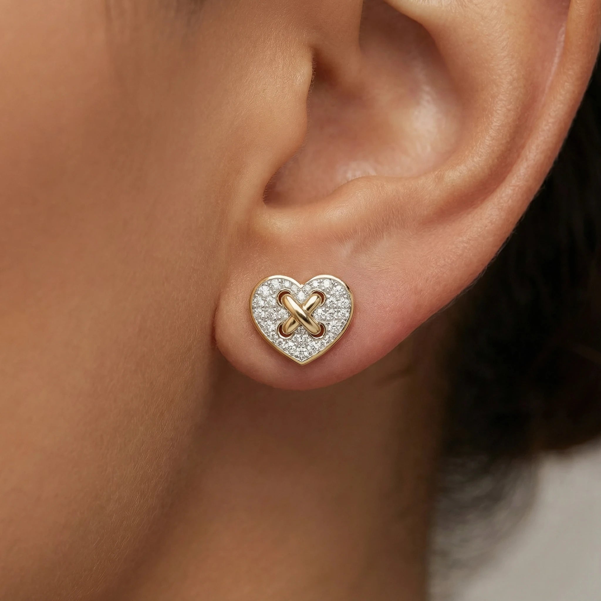 14K Yellow and White Gold Diamond Heart Criss Cross Stud Earrings