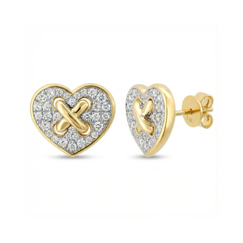 14K Yellow and White Gold Diamond Heart Criss Cross Stud Earrings