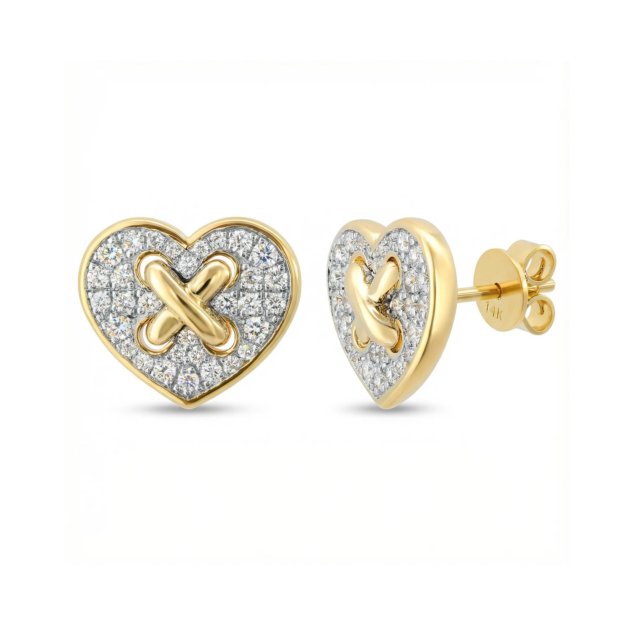 14K Yellow and White Gold Diamond Heart Criss Cross Stud Earrings