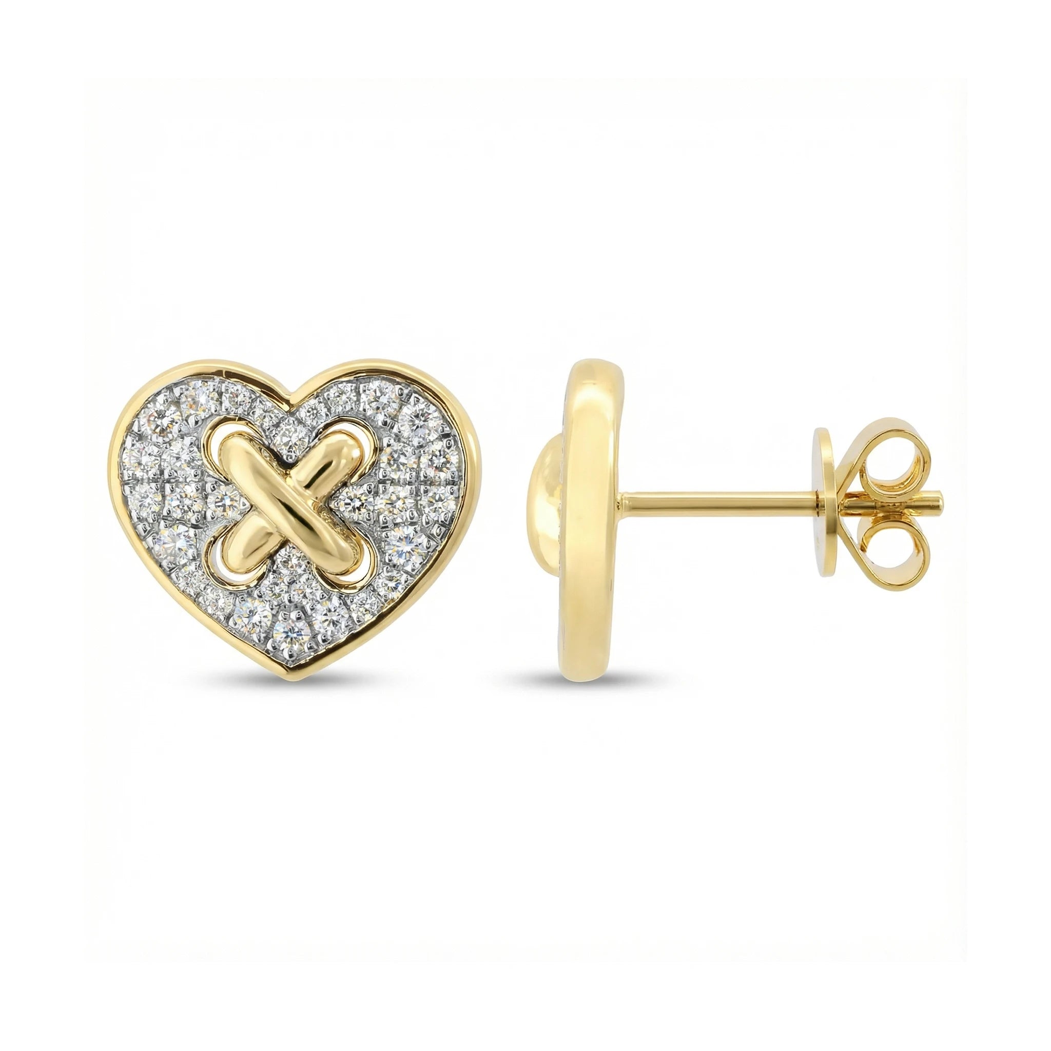 14K Yellow and White Gold Diamond Heart Criss Cross Stud Earrings