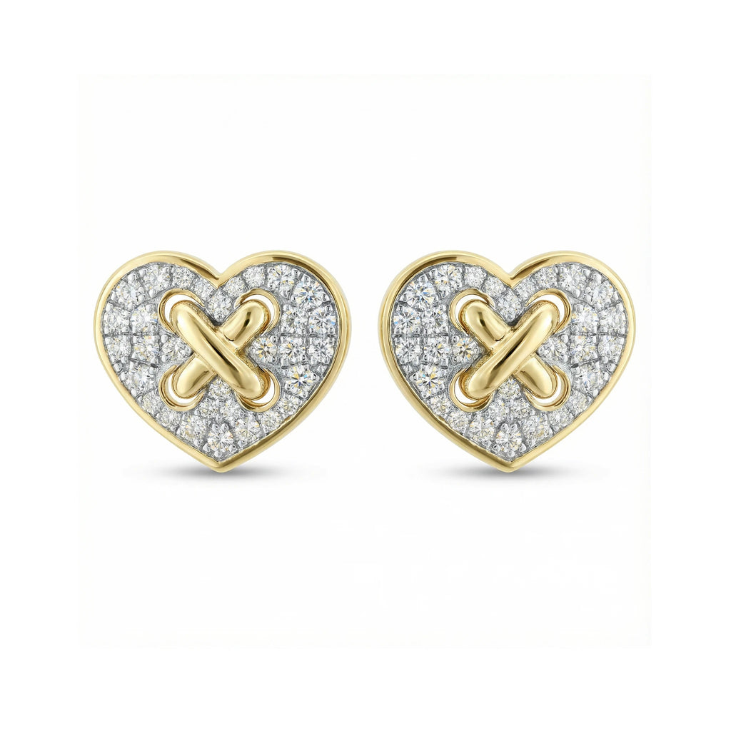 14K Yellow and White Gold Diamond Heart Criss Cross Stud Earrings