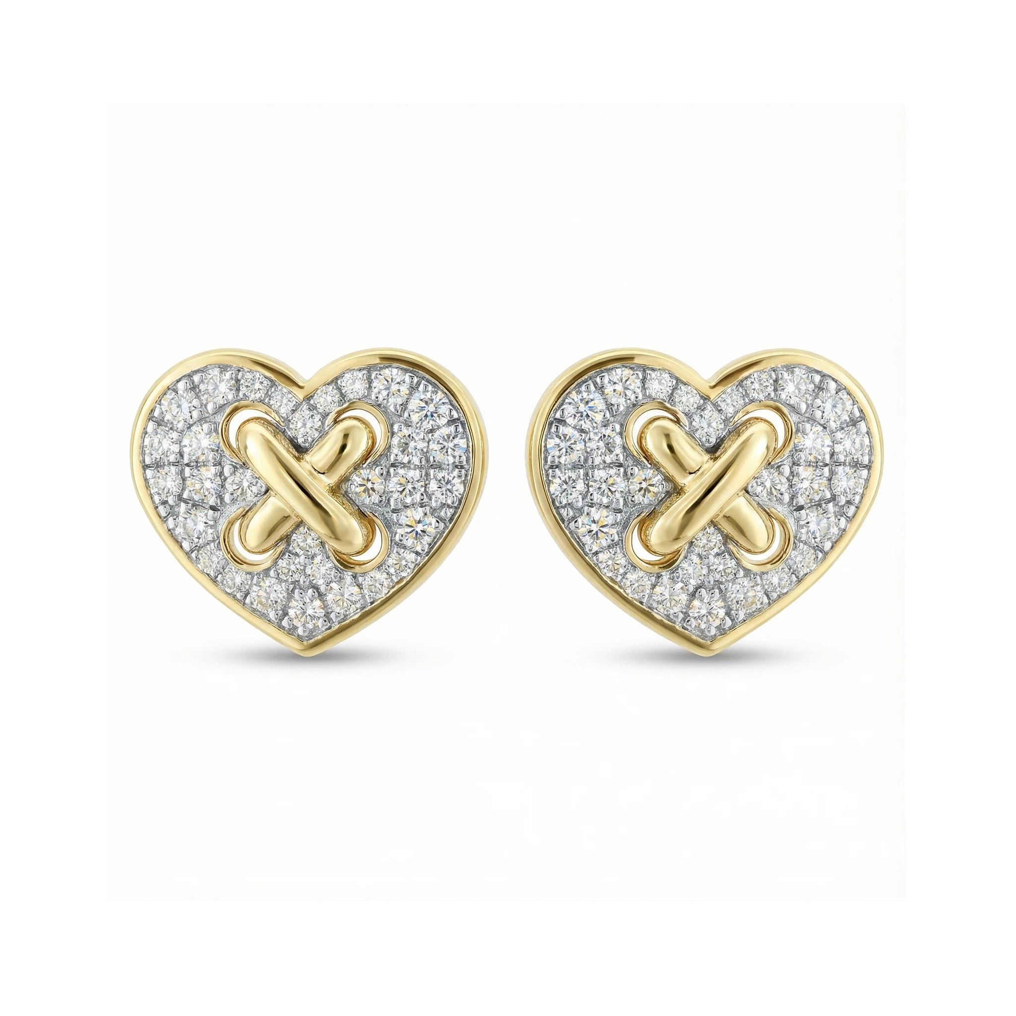 14K Yellow and White Gold Diamond Heart Criss Cross Stud Earrings