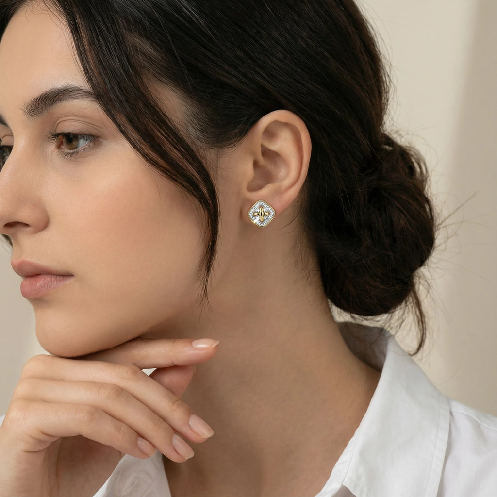 14K Yellow and White Gold Diamond Square Criss Cross Stud Earrings