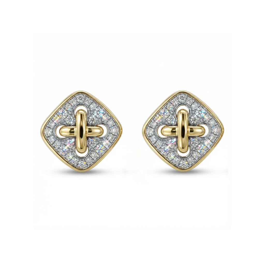 14K Yellow and White Gold Diamond Square Criss Cross Stud Earrings