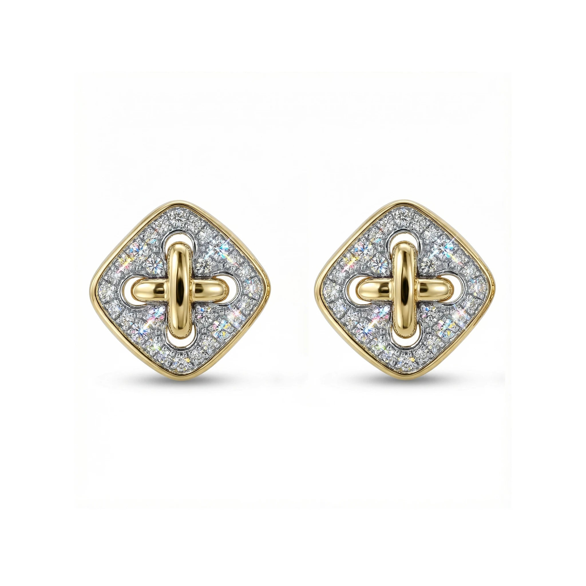 14K Yellow and White Gold Diamond Square Criss Cross Stud Earrings