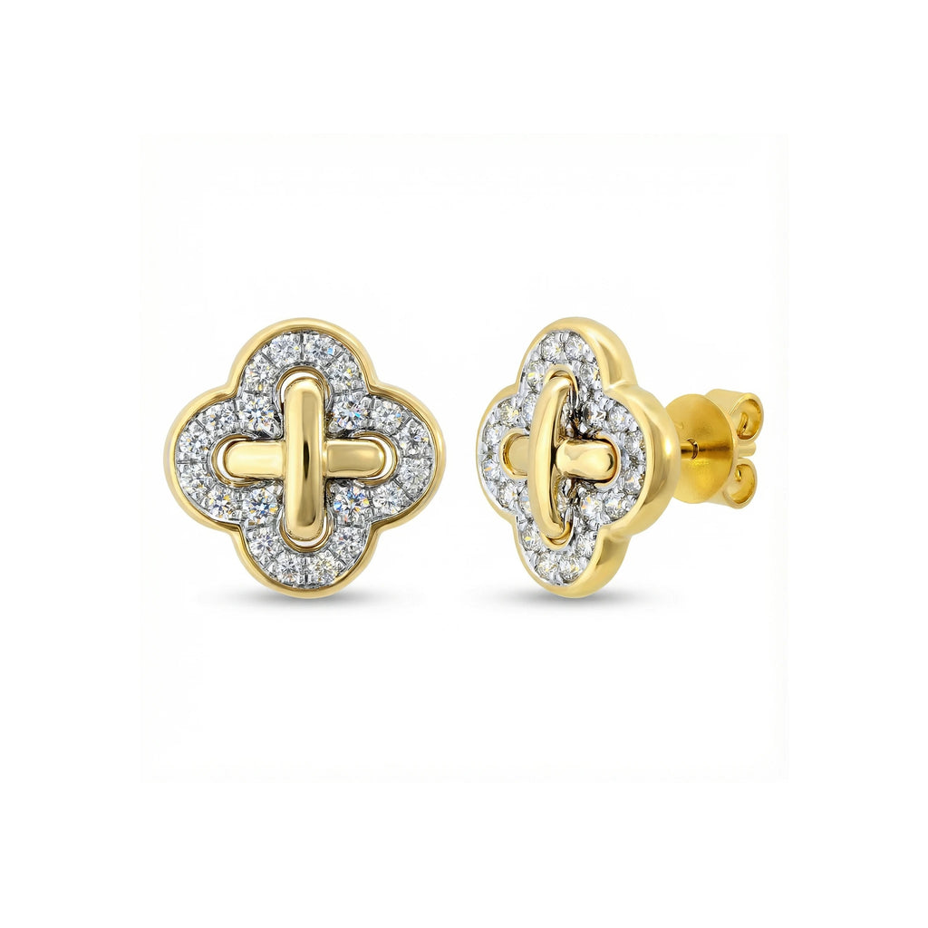 14K Yellow and White Gold Diamond Clover Criss Cross Stud Earrings