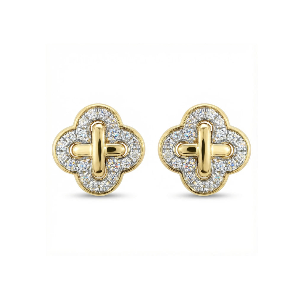 14K Yellow and White Gold Diamond Clover Criss Cross Stud Earrings