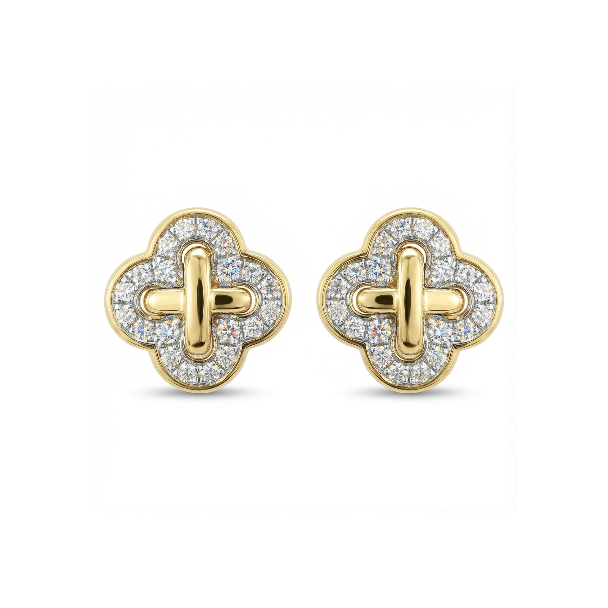 14K Yellow and White Gold Diamond Clover Criss Cross Stud Earrings