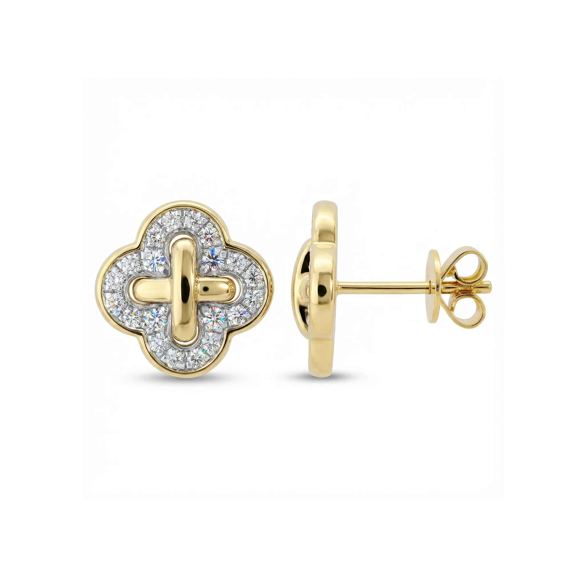 14K Yellow and White Gold Diamond Clover Criss Cross Stud Earrings