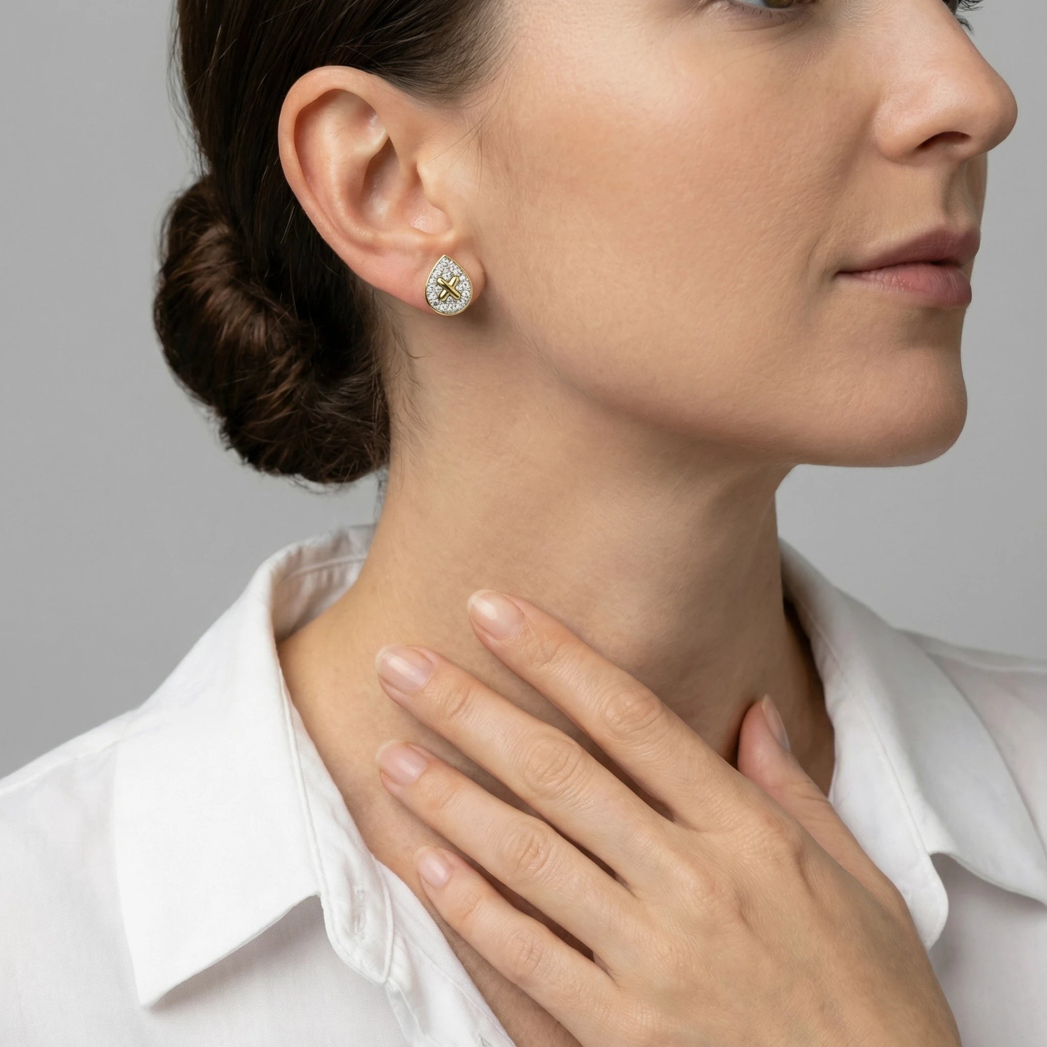 14K Yellow and White Gold Diamond Oval Criss Cross Stud Earrings