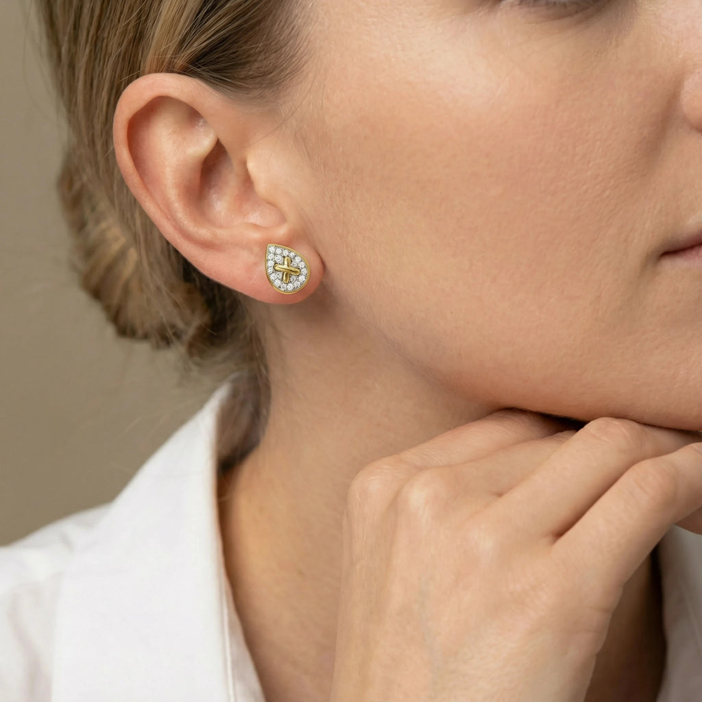 14K Yellow and White Gold Diamond Oval Criss Cross Stud Earrings