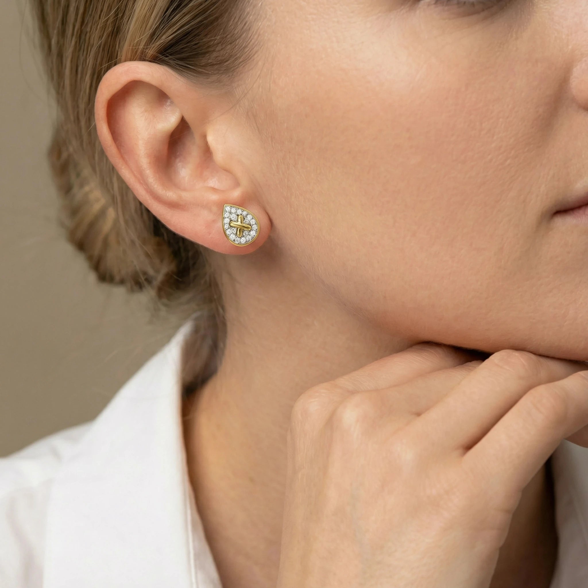 14K Yellow and White Gold Diamond Oval Criss Cross Stud Earrings