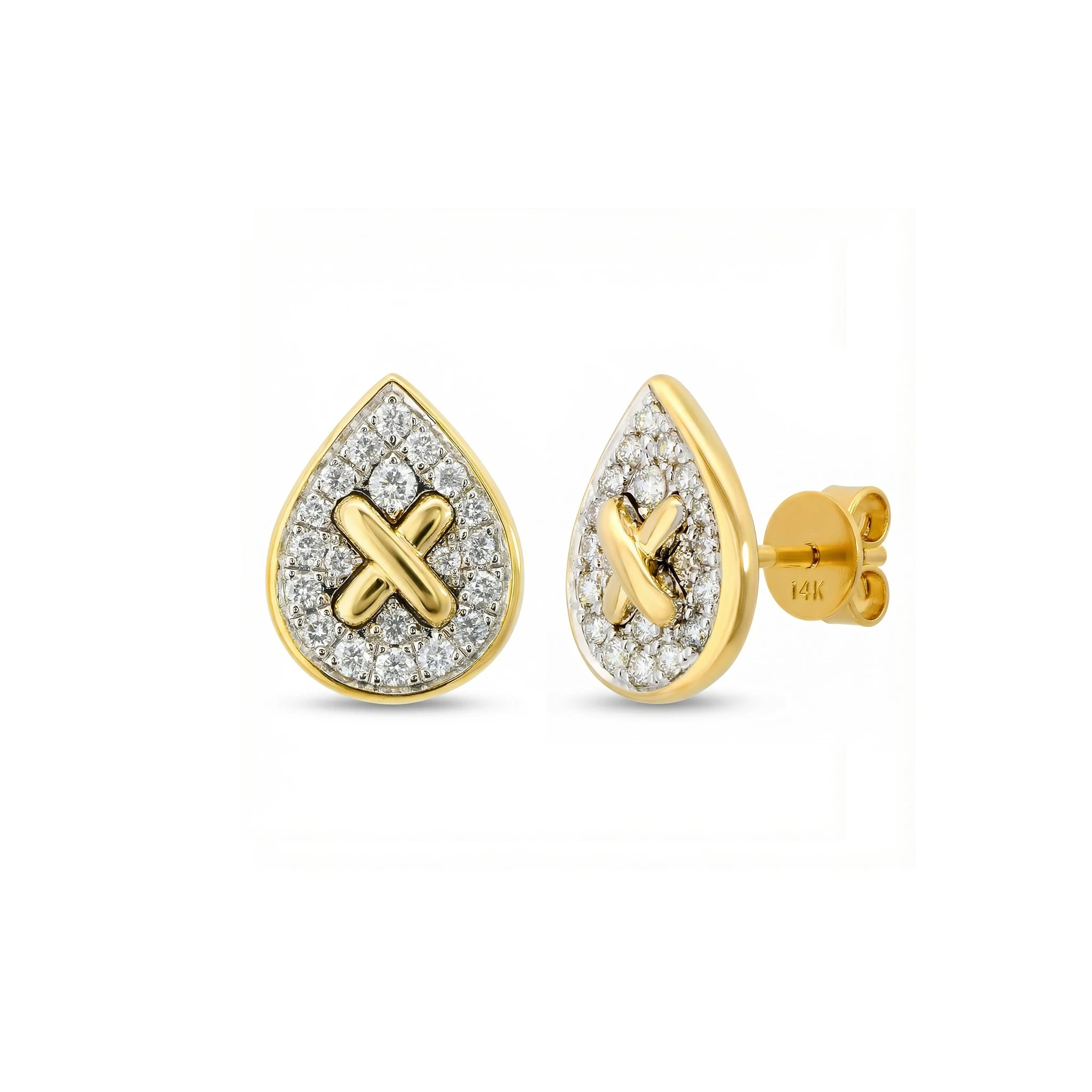 14K Yellow and White Gold Diamond Oval Criss Cross Stud Earrings