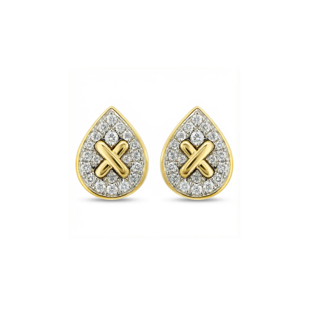 14K Yellow and White Gold Diamond Oval Criss Cross Stud Earrings