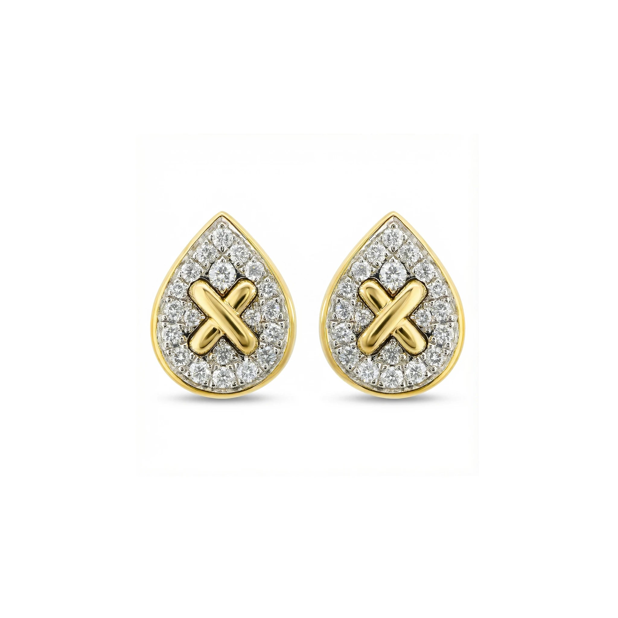 14K Yellow and White Gold Diamond Oval Criss Cross Stud Earrings