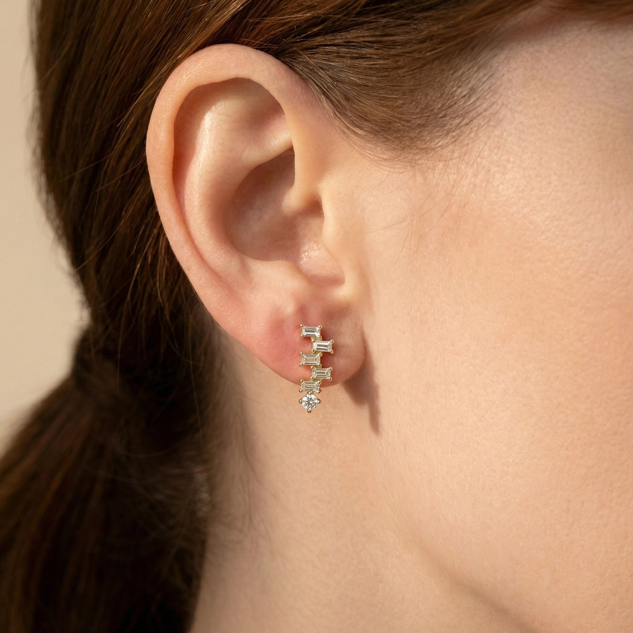 14K Yellow Gold Baguette Diamond Step Drop Earrings - On Ear