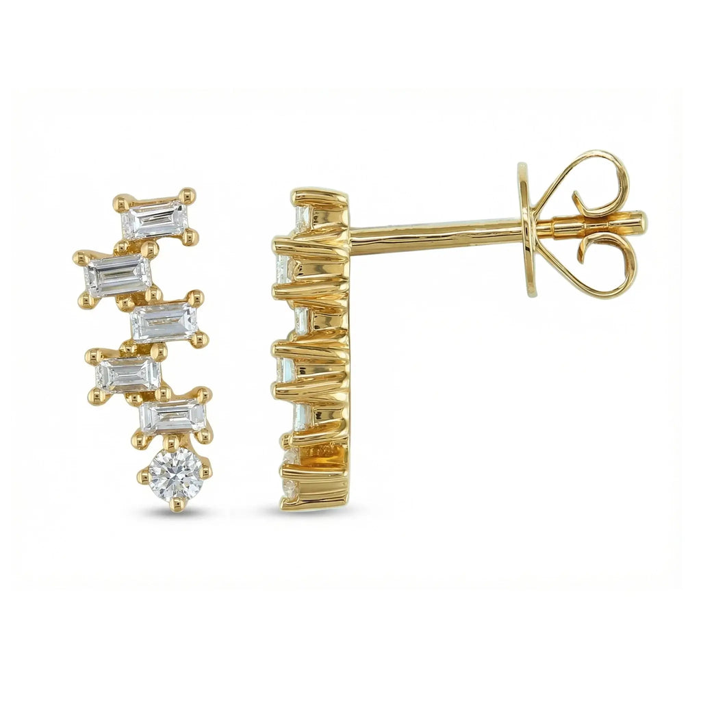 14K Yellow Gold Baguette Diamond Step Drop Earrings - Side View