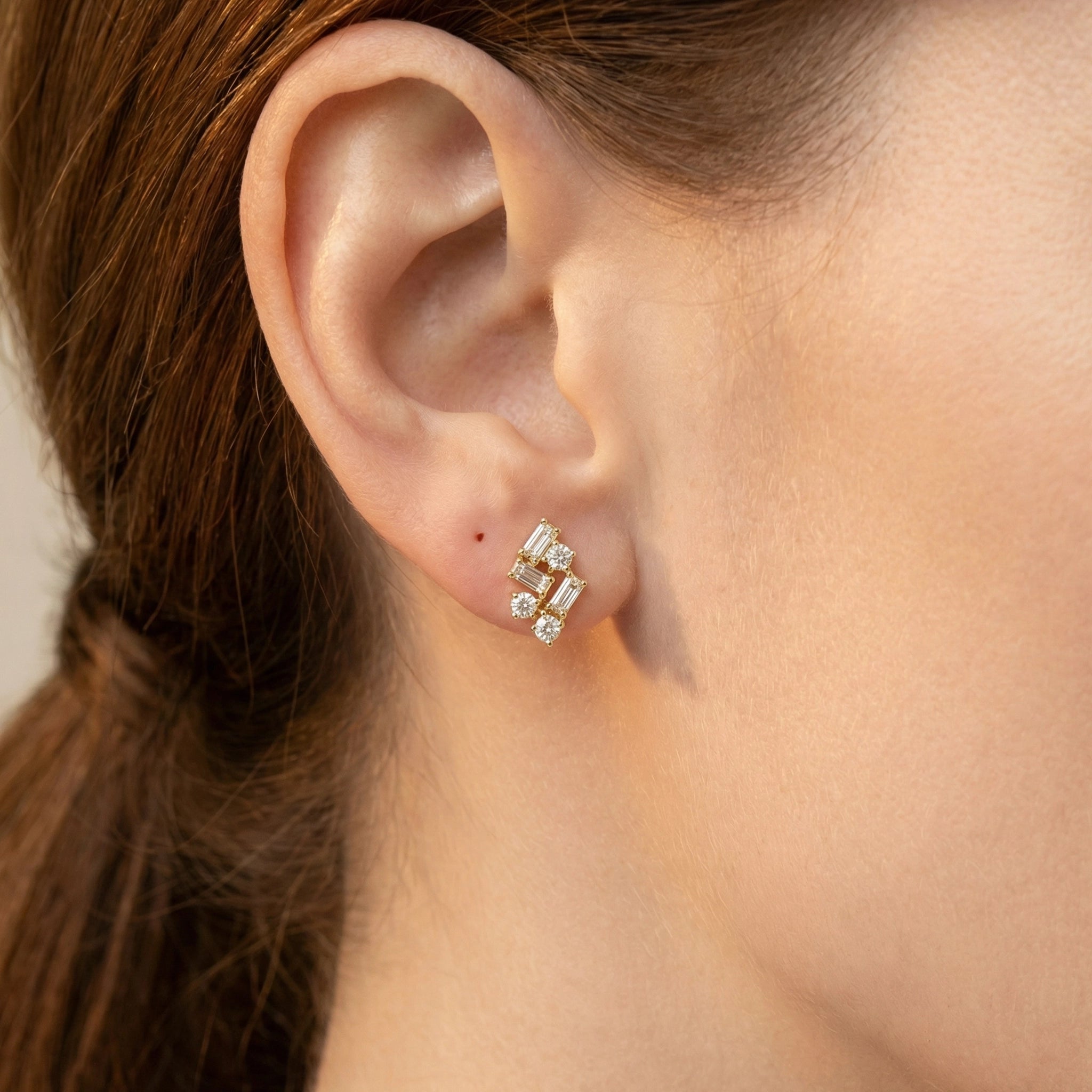 14K Yellow Gold Mixed-Cut Diamond Cluster Studs - on Ear