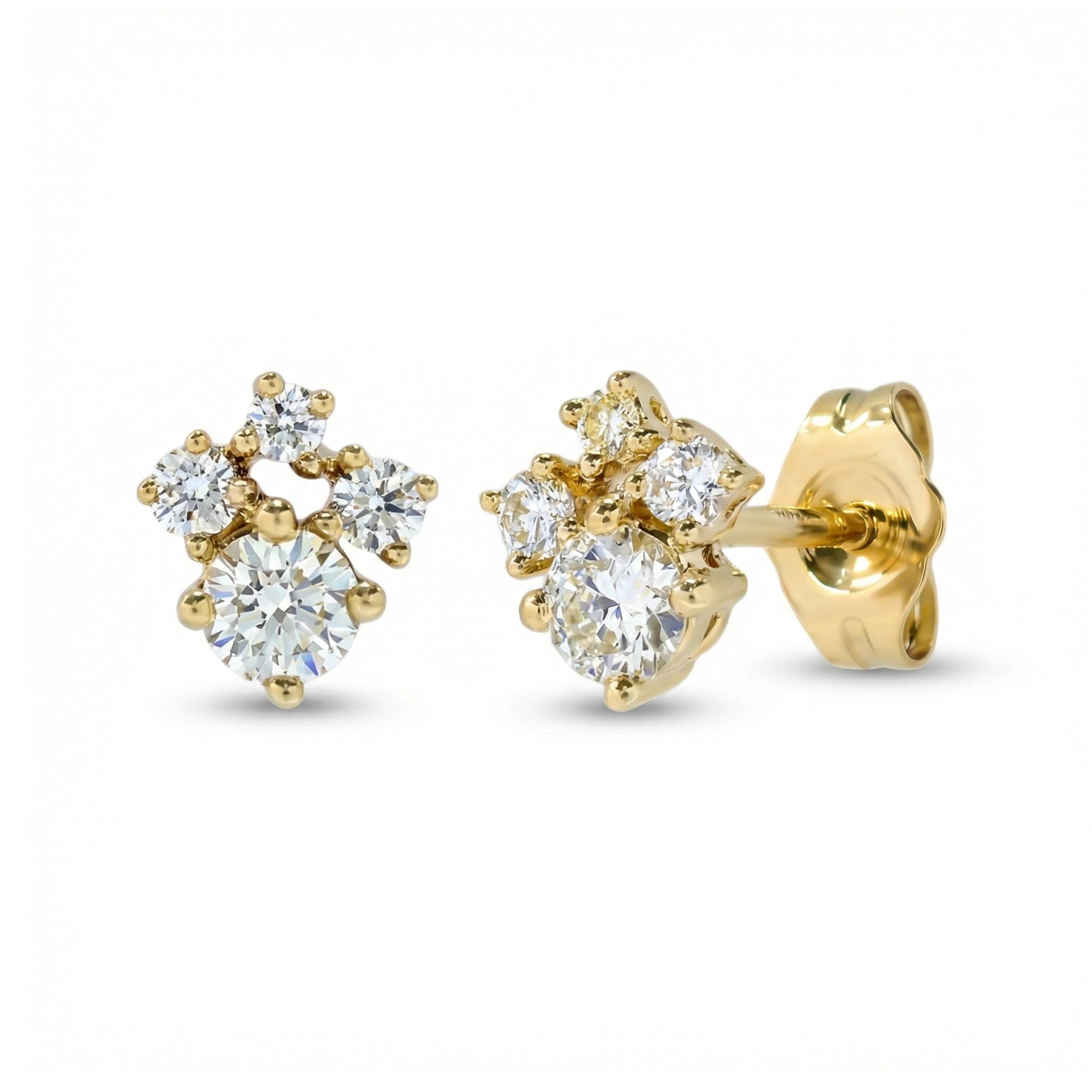 BeBling 14K Yellow Gold 4 Stone Diamond Cluster Stud Earrings - side view