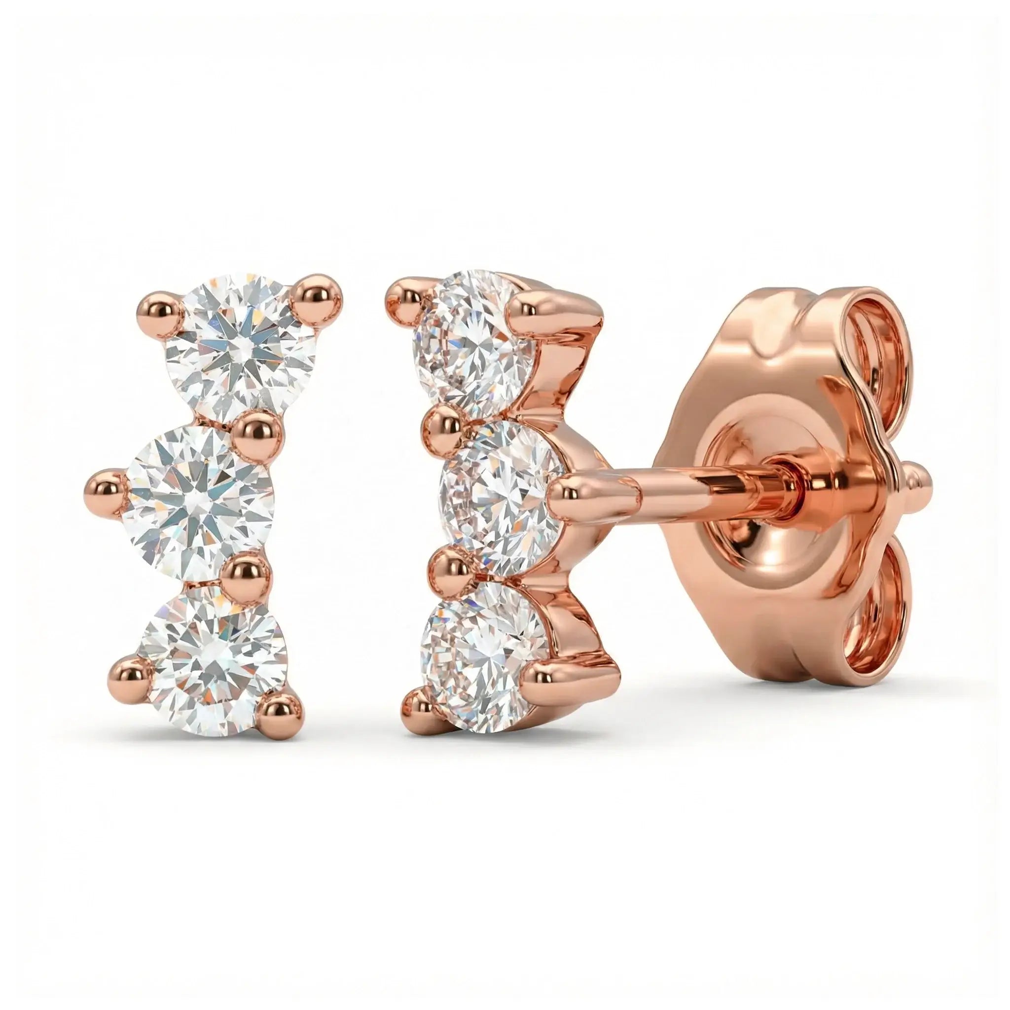 14K Yellow Gold Diamond Trilogy Stud Earrings - rose gold