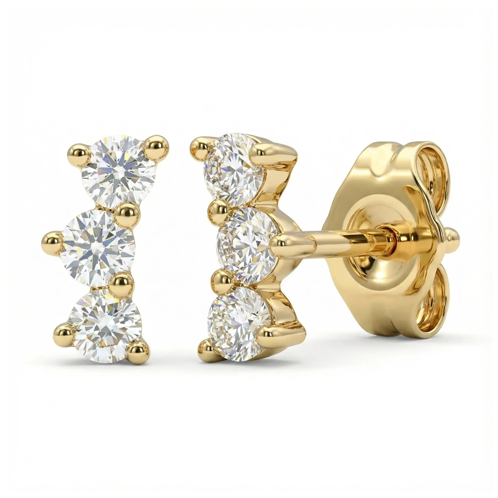 14K Yellow Gold Diamond Trilogy Stud Earrings
