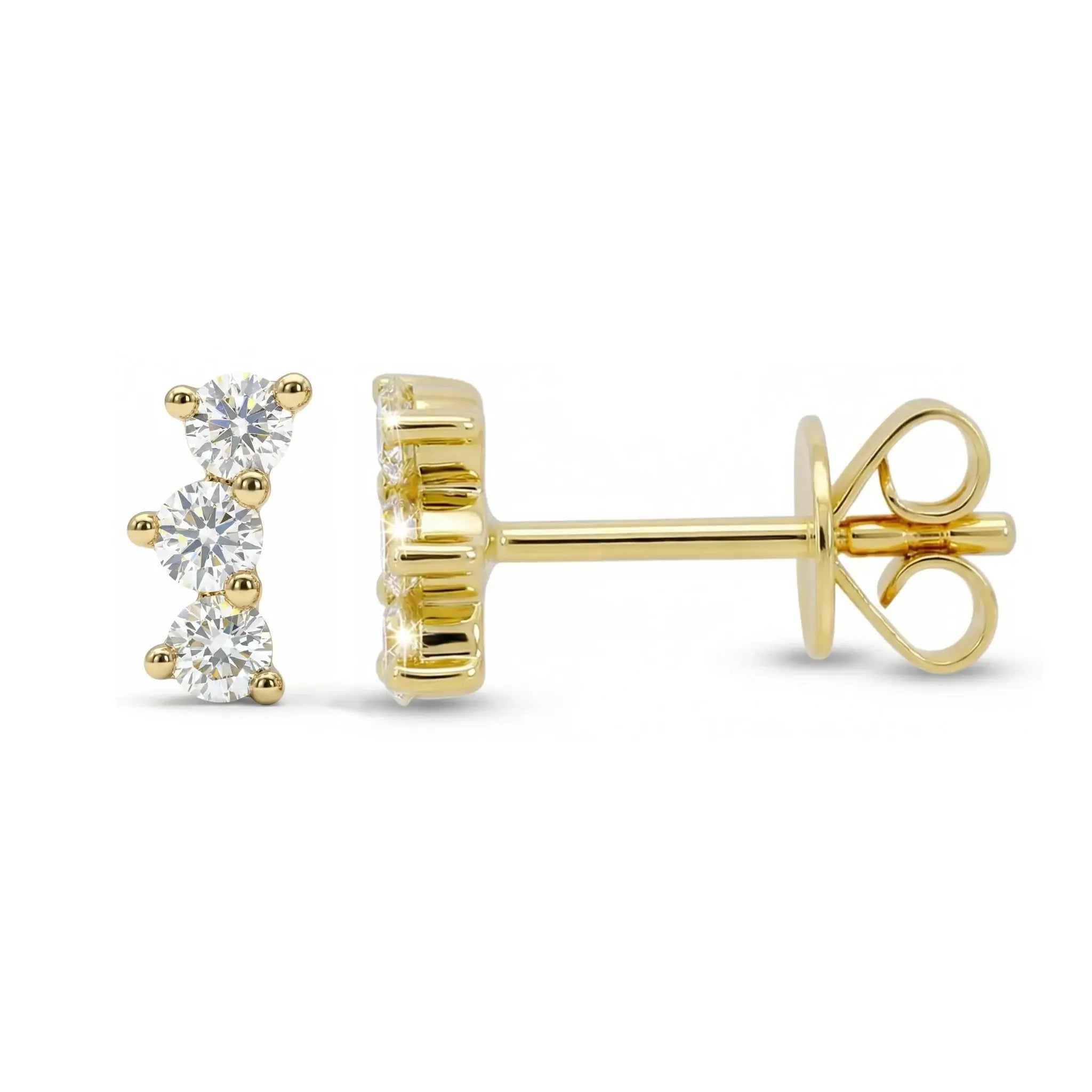 14K Yellow Gold Diamond Trilogy Stud Earrings - side view