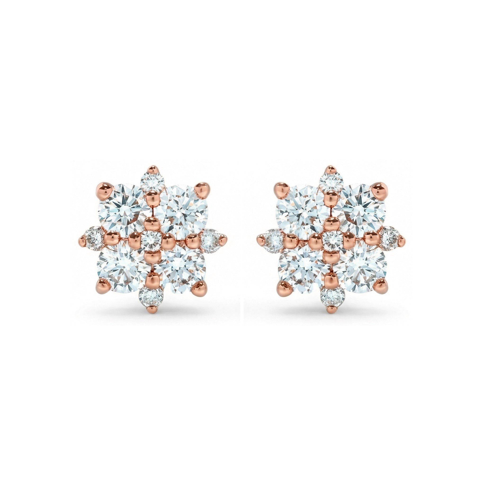 BeBling 14K Yellow Gold Diamond Cluster Stud Earrings with 18 diamonds - front view - rose gold