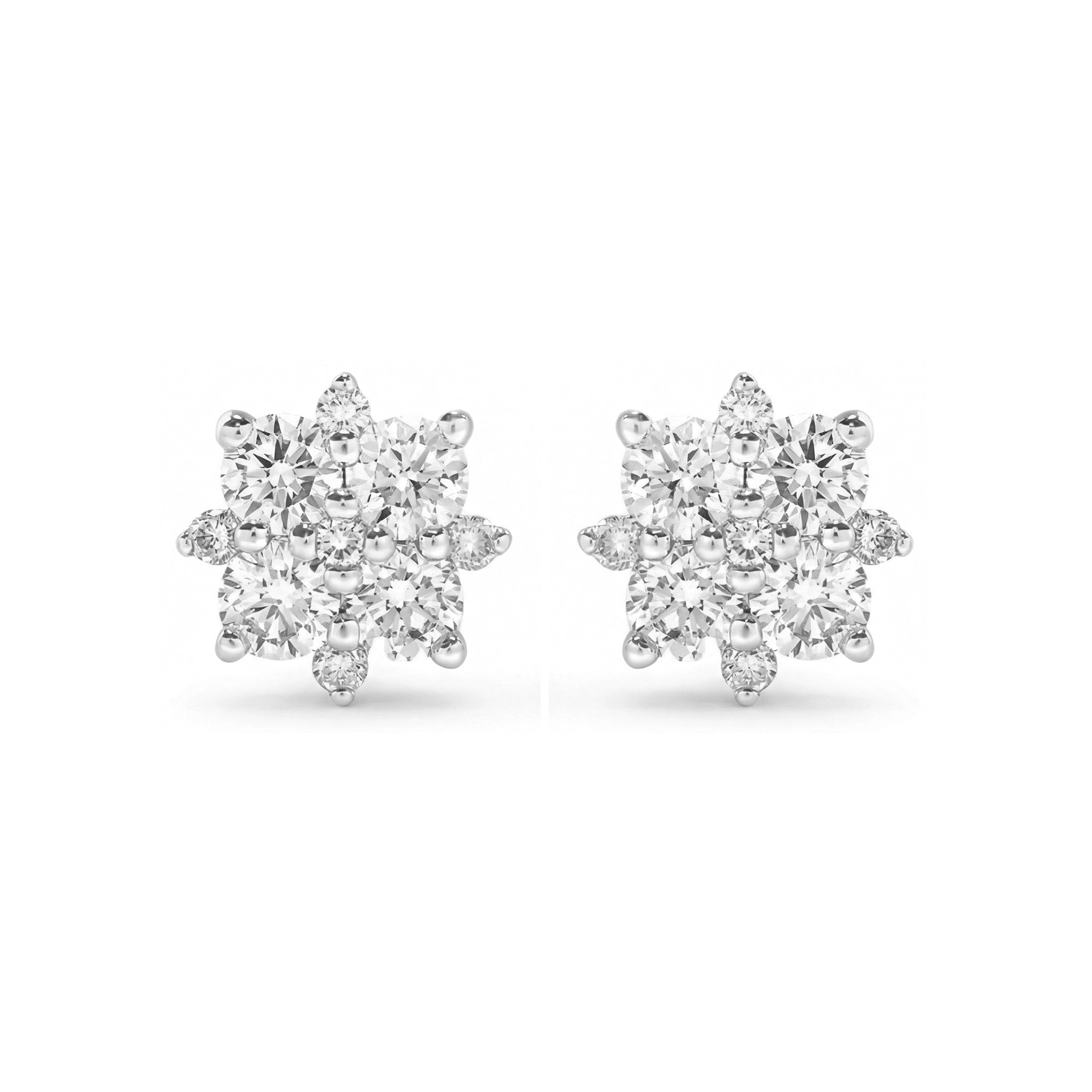 BeBling 14K Yellow Gold Diamond Cluster Stud Earrings with 18 diamonds - front view - white gold