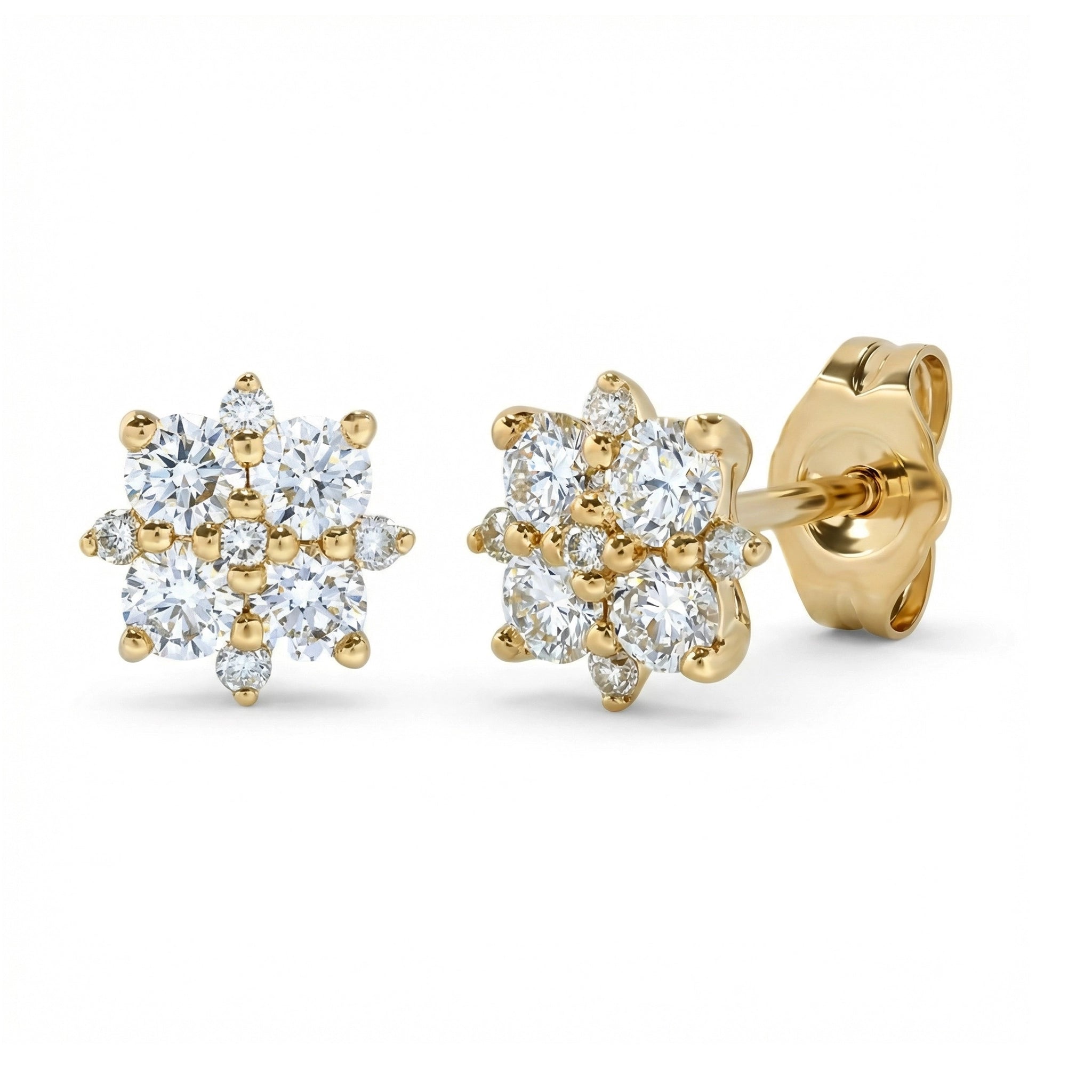 BeBling 14K Yellow Gold Diamond Cluster Stud Earrings with 18 diamonds - side view