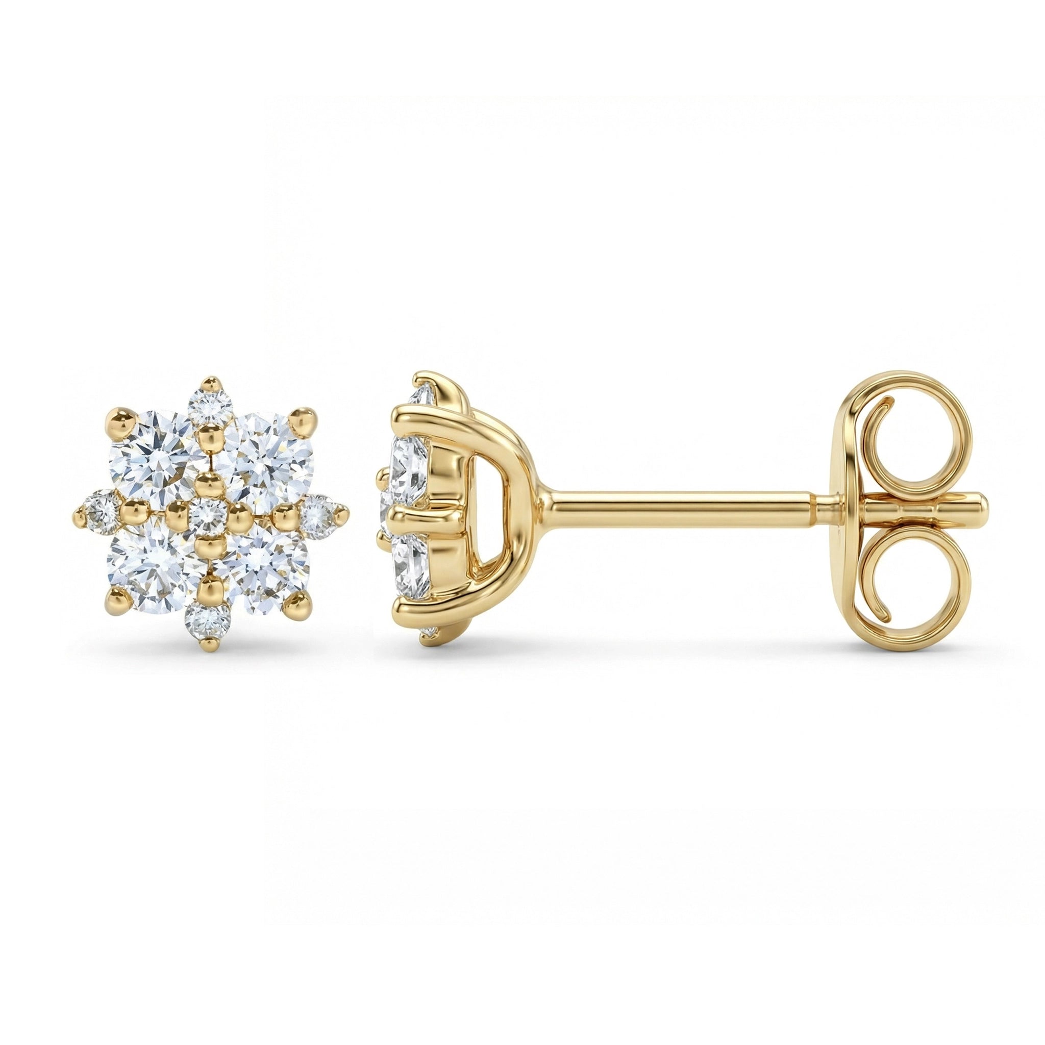 BeBling 14K Yellow Gold Diamond Cluster Stud Earrings with 18 diamonds - side view