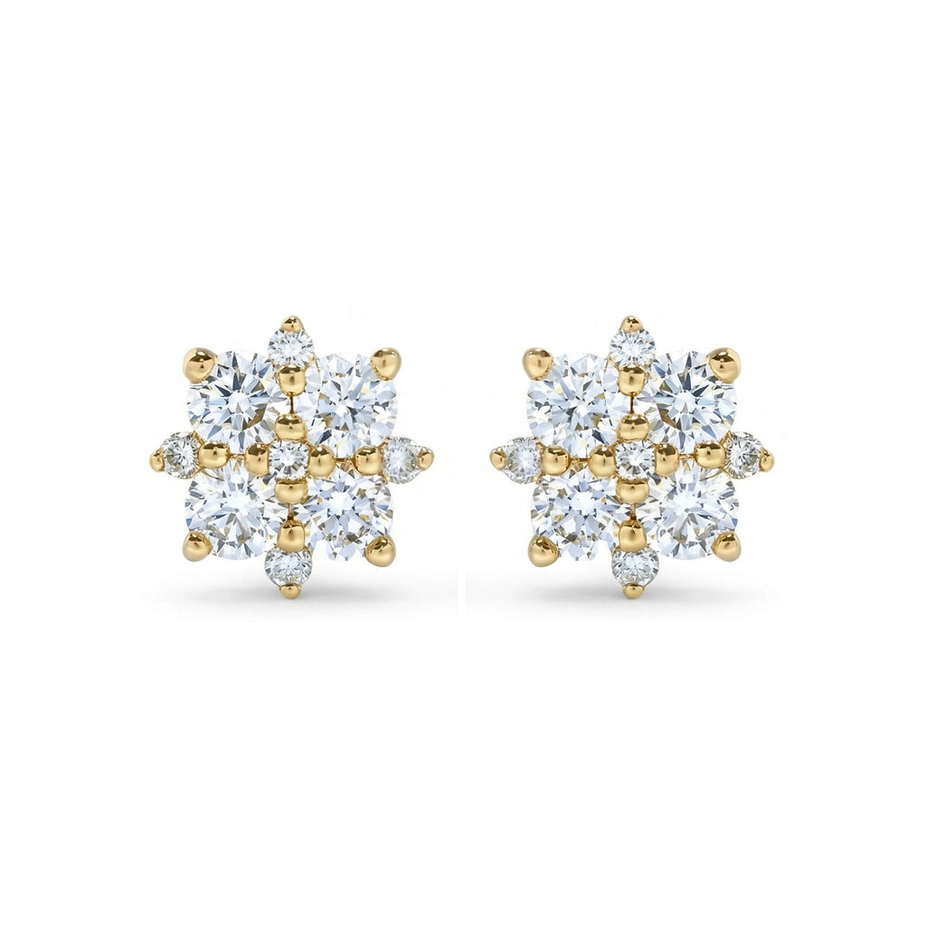 BeBling 14K Yellow Gold Diamond Cluster Stud Earrings with 18 diamonds - front view