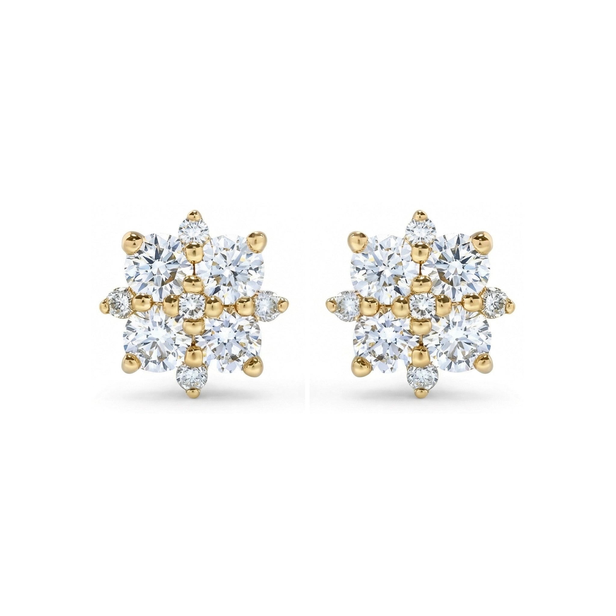 BeBling 14K Yellow Gold Diamond Cluster Stud Earrings with 18 diamonds - front view